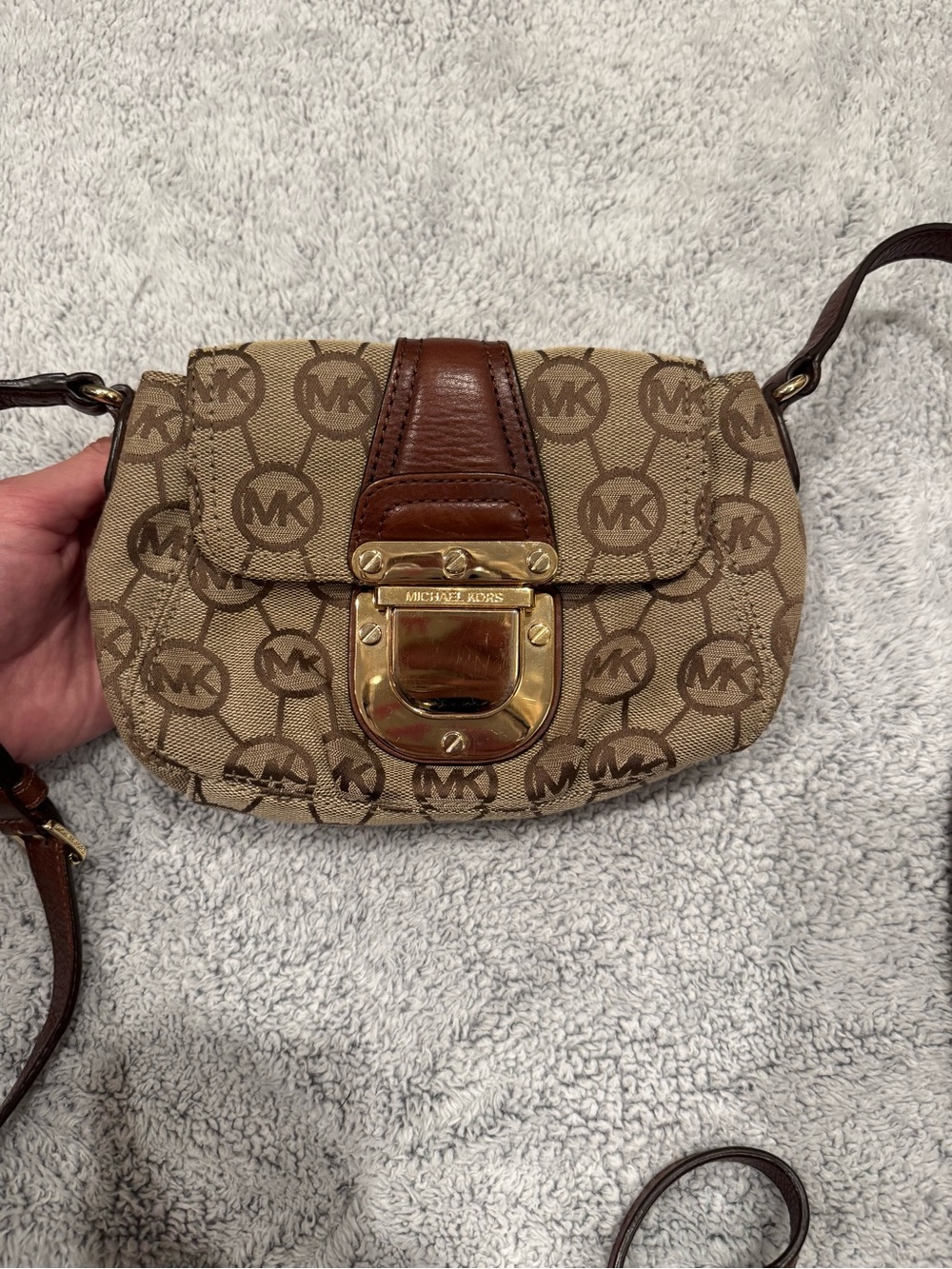 Michael Kors Beige and Brown Logo Crossbody with Gold Hardware